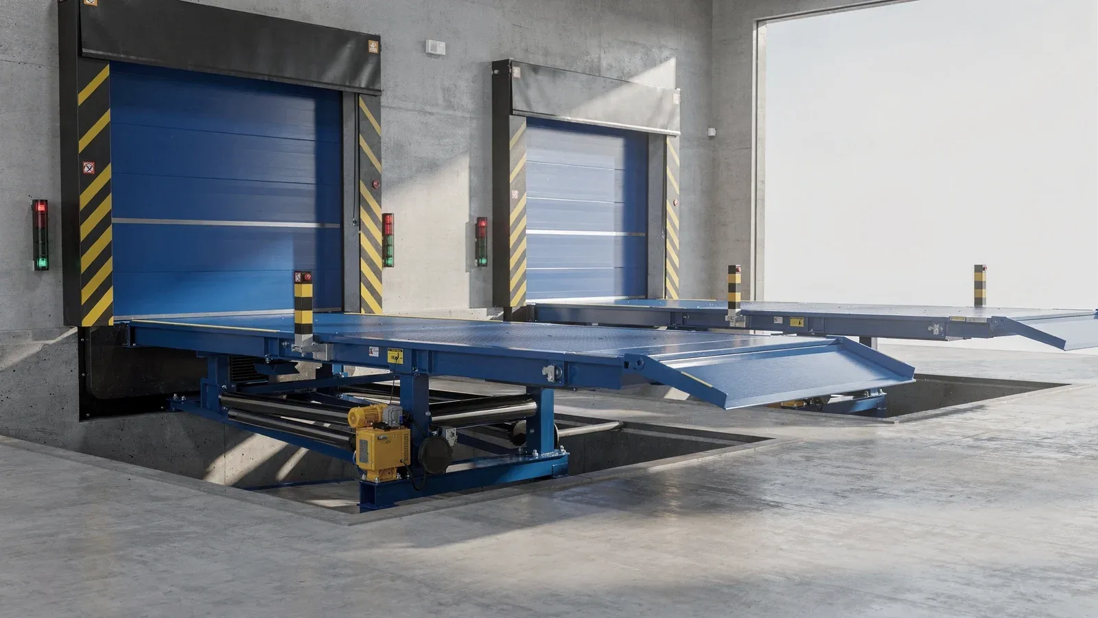 Blue hydraulic dock leveller raised to show its hydraulic power pack and lip, beside blue high-speed doors at a warehouse loading bay