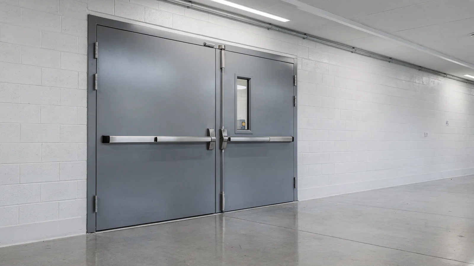 Closed double-leaf steel fire-rated door with push-bar panic hardware and a vision panel, set in a blockwork wall in an industrial corridor