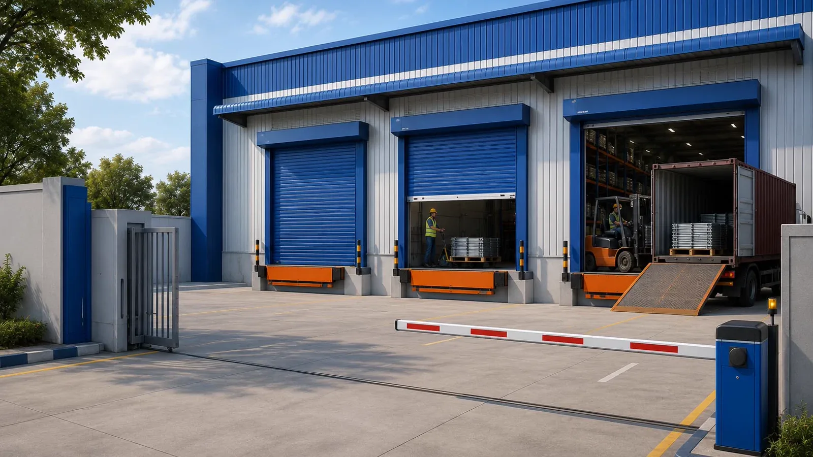 Automatic sliding gate and boom barrier at a warehouse entrance with loading bays and a truck being loaded behind