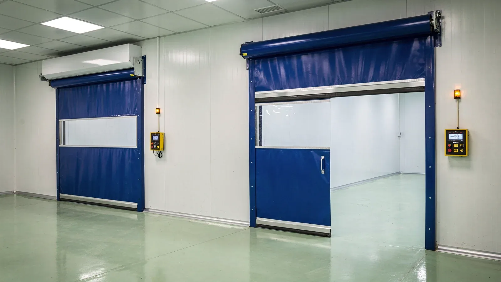 Royal-blue high-speed roll-up doors with clear vision panels in a clean-room facility, one caught mid-open over a green epoxy floor