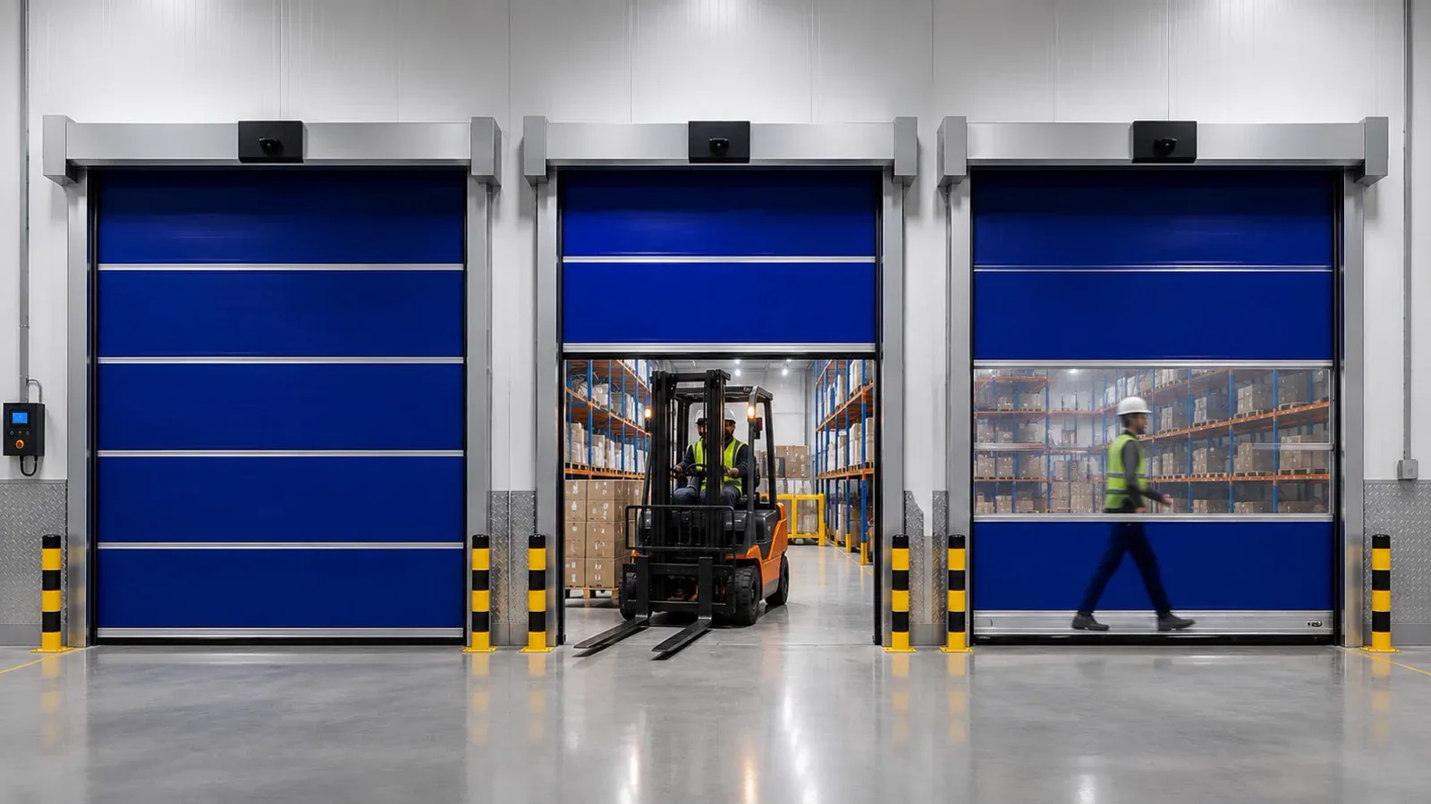 Three blue high-speed roll-up doors in a warehouse, a forklift driving through the open middle door
