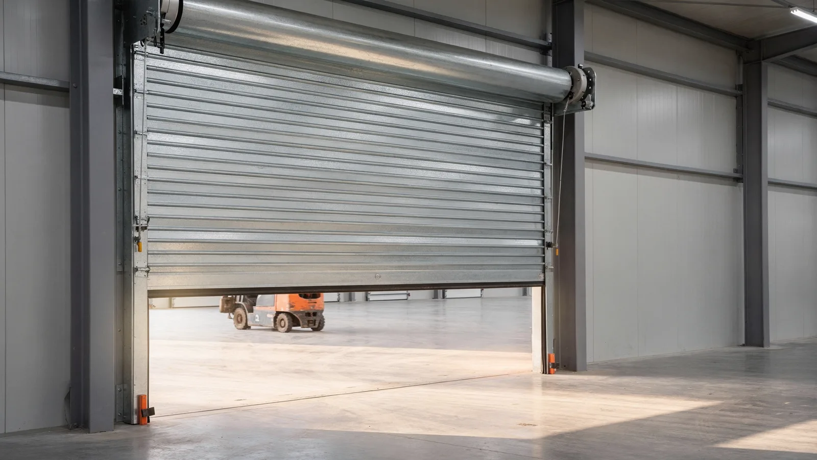 Motorised galvanised steel rolling shutter partially raised at a warehouse opening, showing slat profile, side guide rails and barrel