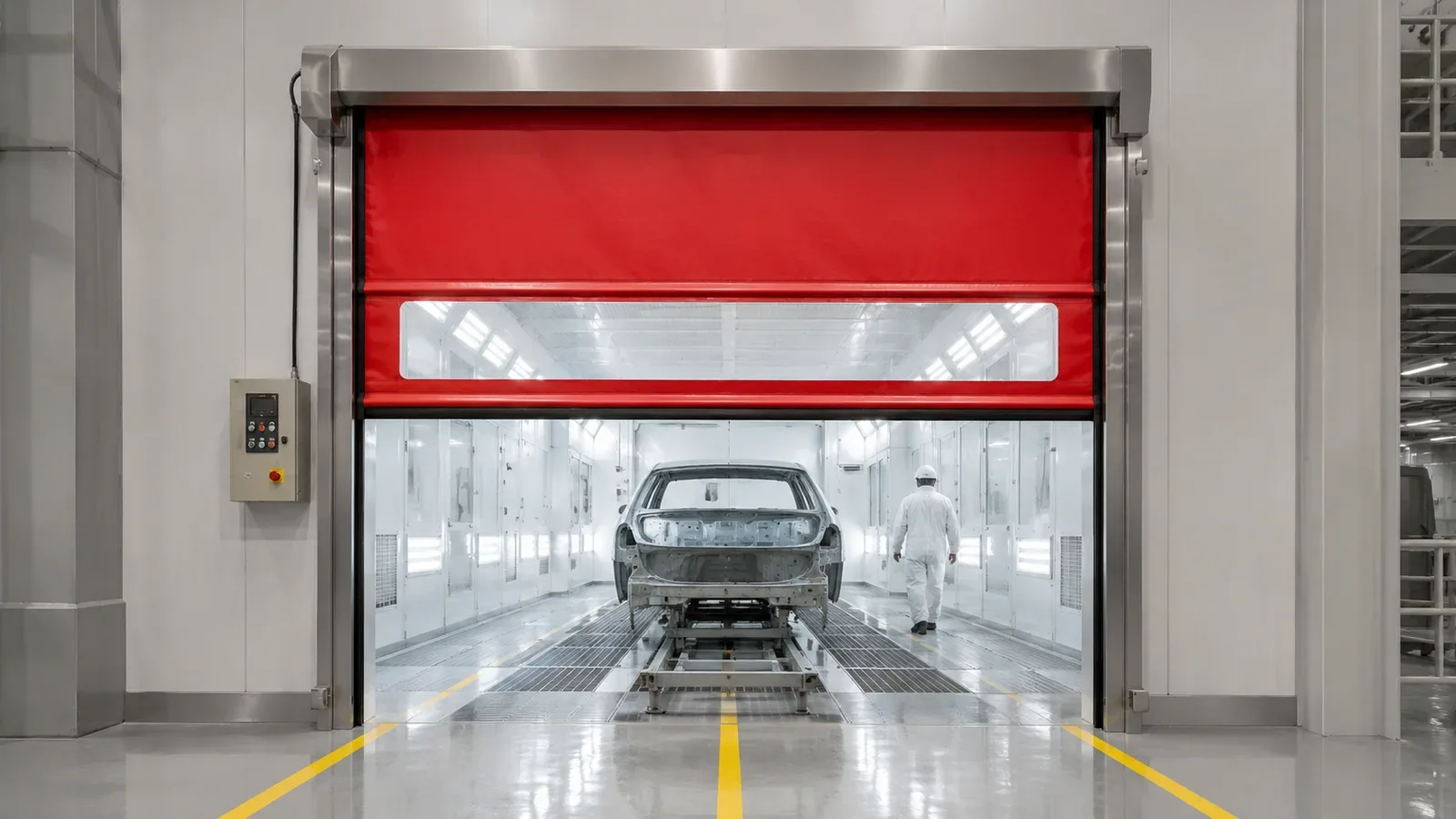 Red high-speed roll-up door opening at an automotive paint booth