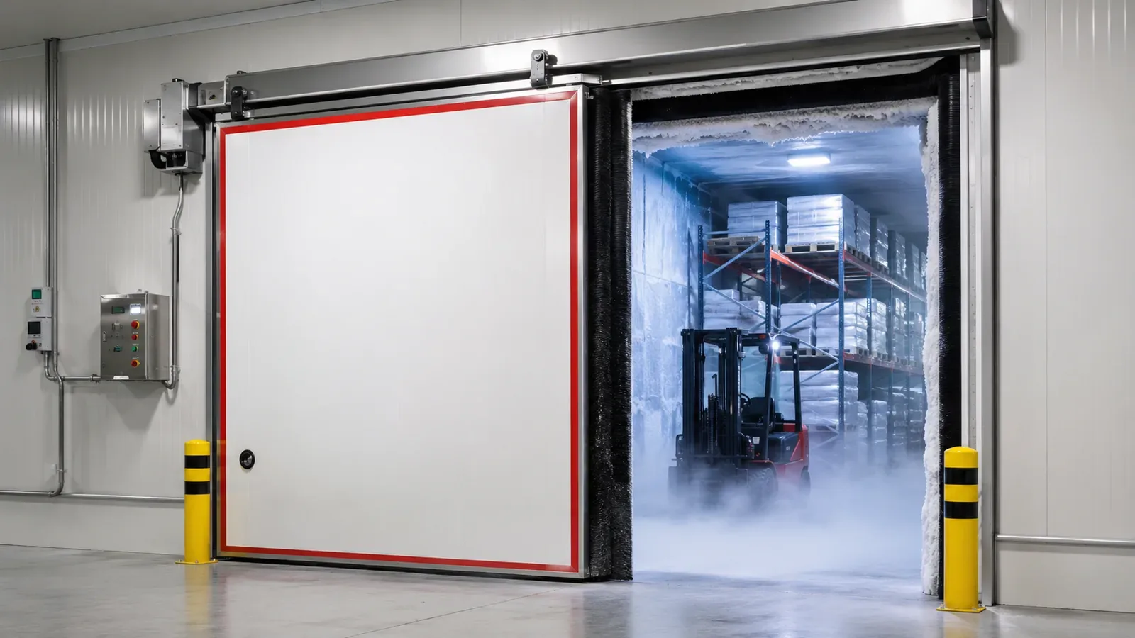 Insulated cold-store door open to a freezer chamber with cold fog at the threshold