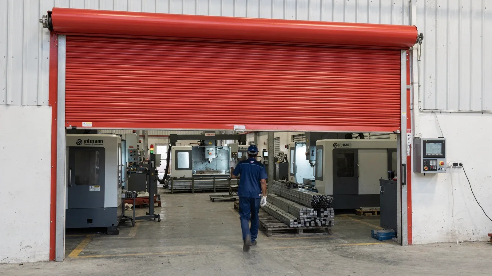 Heavy-duty red rolling shutter raised at an engineering workshop bay entrance