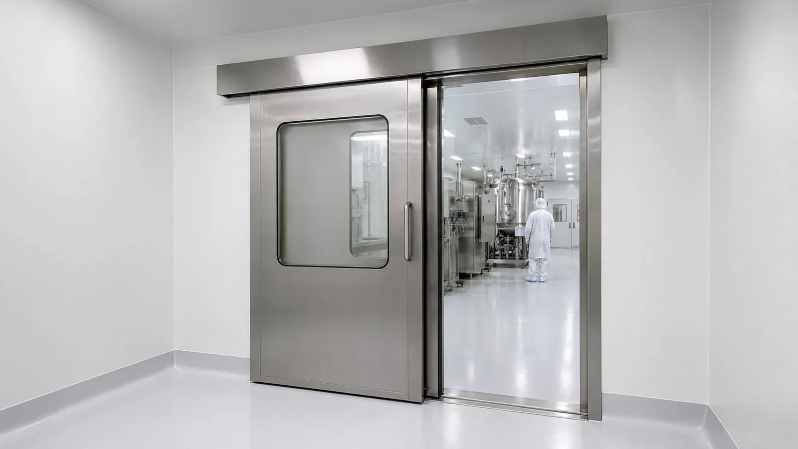 Stainless steel hermetic sliding door in a pharmaceutical cleanroom air-lock
