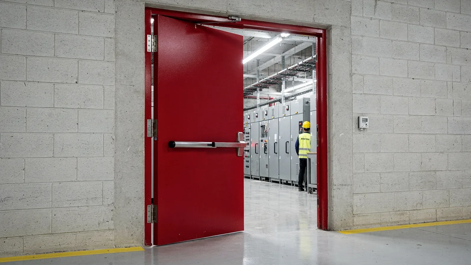 Fire-rated steel door with panic bar at an electrical switchgear room