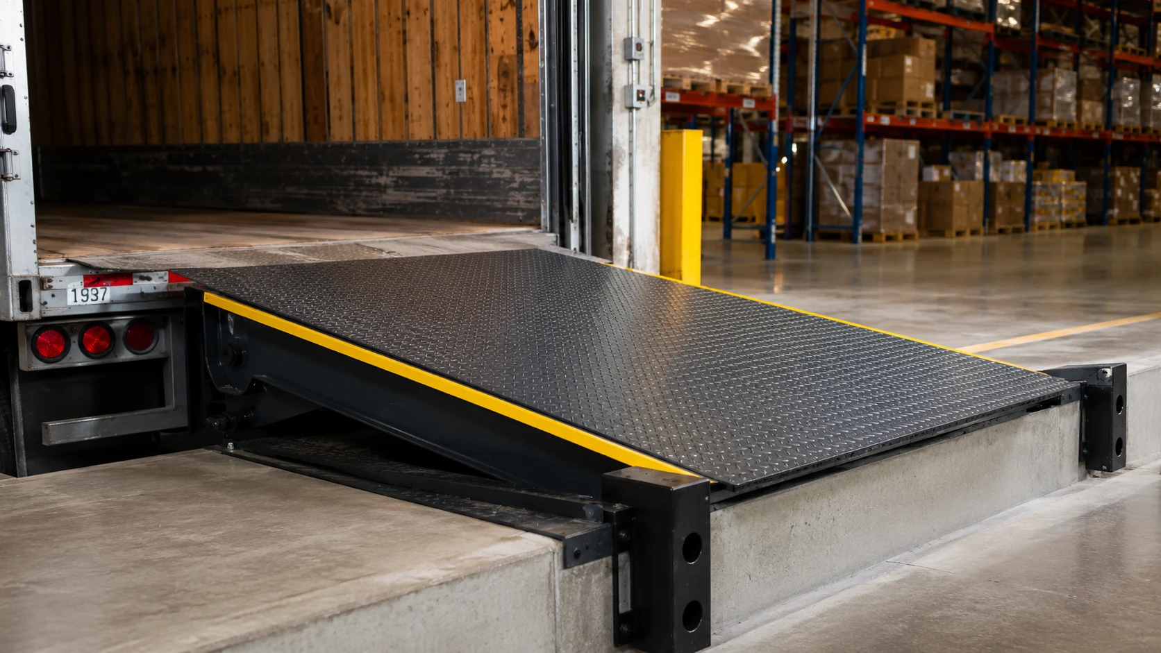 Hydraulic dock leveler installed at a warehouse loading bay