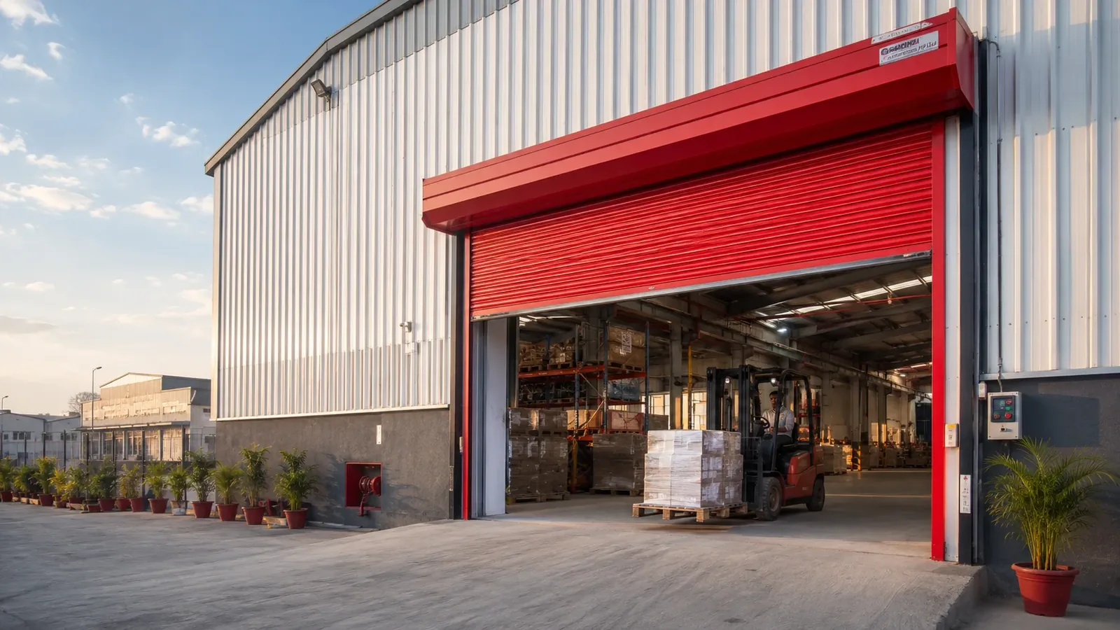 Red industrial rolling shutter on a modern warehouse facade